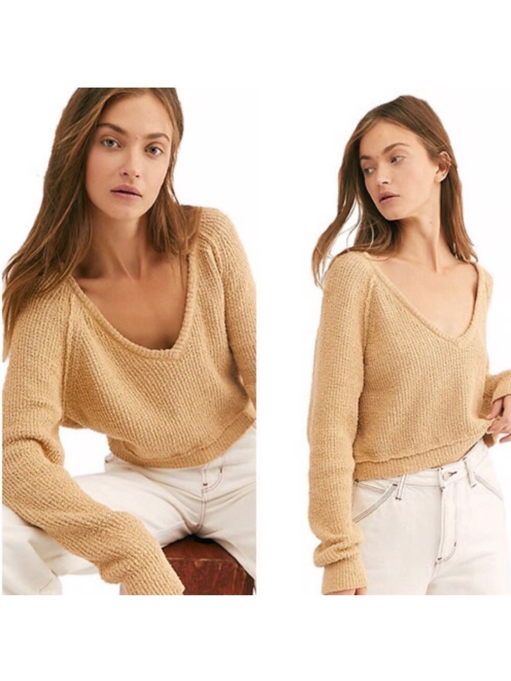 Free People Women's High Low V-Neck Cropped Sweater Camel Size Large